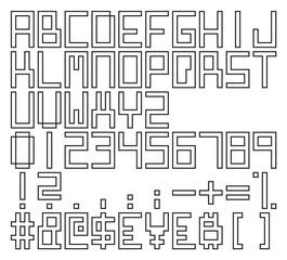 Modern Propaganda Outline Square Vector Font with Uppercase Letters, Numbers & Signs