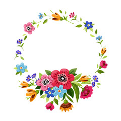 Fototapeta na wymiar Round flower frame. Template for invitation, greeting card, cover, notebook. Colorful flower frame.Elegant floral wreath