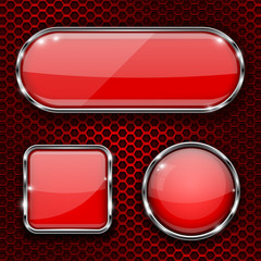 Red glass 3d buttons with chrome frame on metal perforated background