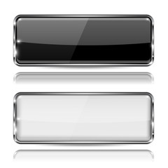 Black and white glass buttons with metal frame. Rectangle 3d icons