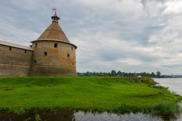 Fortress in the source of the Neva River, Russia, Shlisselburg: Fortress Oreshek. Medieval Russian defensive structure and political prison