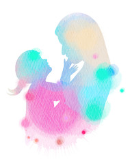 Silhouette watercolor of Happy parents having good time with their little children. Mother and daughter. Mother's day. Digital art painting