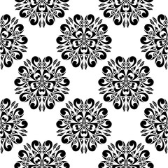 Black flowers on white background. Ornamental seamless pattern
