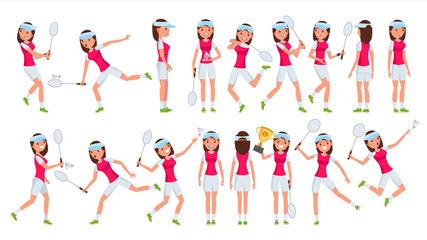 Fototapeta na wymiar Badminton Girl Player Female Vector. Playing. Athlete In Uniform. Cartoon Athlete Character Illustration