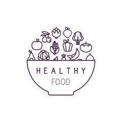 Vegetable Salad Bowl Plate. Organic food logo. Simple line style. Outline stroke.
