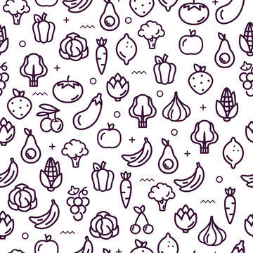Fruit and vegetables. Organic food. Seamless pattern. Line icon. Outline stroke.