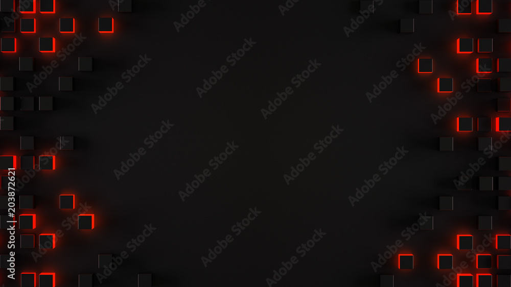 Poster frame of glowing red cubes 3d rendering