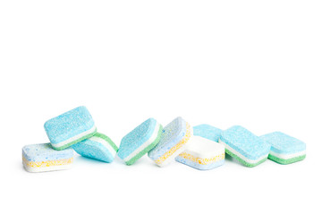 Dishwasher tablets on a white background
