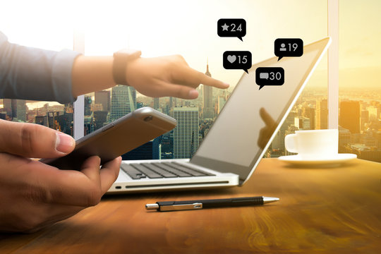 Contact us  sms media man use  smart phone social media network pop notification icons