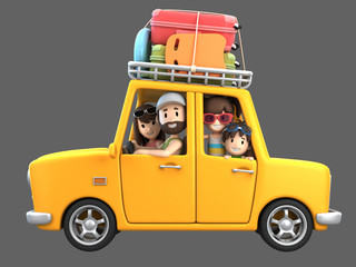 3d render of a family riding in a car for a vacation