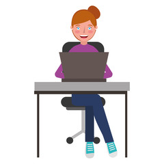 young woman in office chair and desk with laptop computer vector illustration design