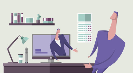 Man talking to another man from computer monitor in office interior. Online education. Distance teaching. Webinar. Concept vector illustration. Flat style. Horizontal.