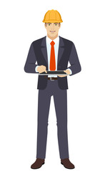 Businesswoman in construction helmet using digital tablet P