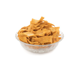 Indian Healthy Deep Fried Soya Chips Tea time Snack isolated on White Background