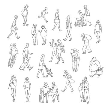 Vector sketch walking people urban residents. Children and adults characters in various situations on street city. Woman with kid, chat friends and other persons. Set illustrations