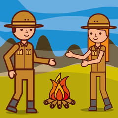 safari girl and boy explorer with campfire in africa vector illustration