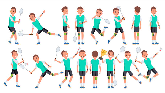 Badminton Player Male Vector. Summer Activity. Championship Training. Isolated Flat Cartoon Character Illustration