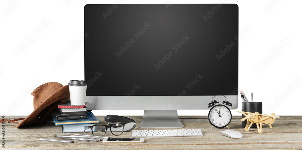 Poster messy table top home interior with computer monitor and keyboard. front view