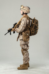 Soldier in camouflage holding rifle