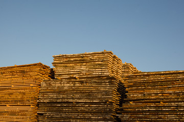 A pile of boards in a sawmill.