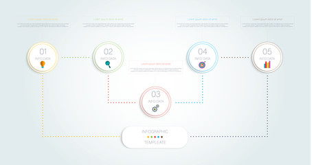 Timeline business infographic template with 5 steps, processes, parts, options. Vector illustration.