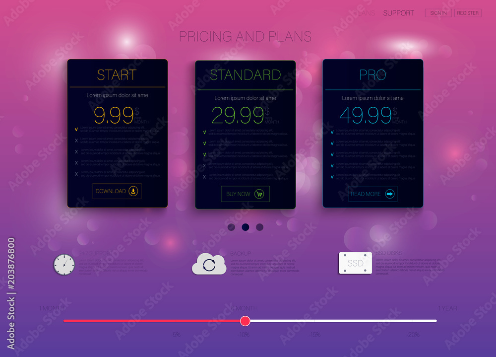 Aufkleber pricelist, hosting plans and web design boxes of banners. design for a web application.