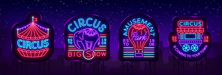 Circus collection of neon signs. Set of logos for circus in neon style, circus symbol, neon banner, bright nightly advertisement of circus show, magic show. Design template. Vector. Billboard © Ivan