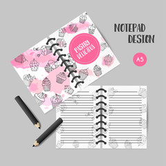 Cupcake printables with handdrawn cupcakes and pink splashes. Planner with sweet pastry. Cute note template for srapbook Organizer template