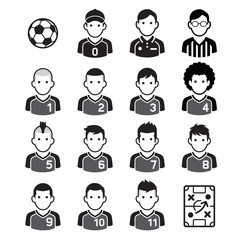 Soccer football player black icons. Vector illustrations.