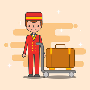 hotel service bellboy trolley luggage vector illustration
