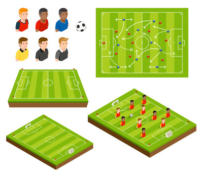 Soccer football field and soccer player isometric icons. Vector illustrations.