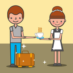 maid woman giving coffee cup at customer hotel service vector illustration