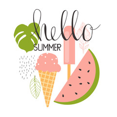 Hello summer. Watermelon and ice cream. Vector illustration