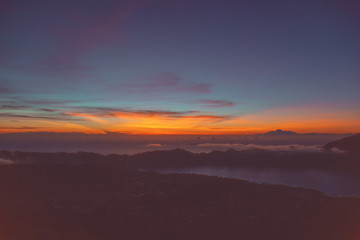 View of sunrise from the Mount Batur volcano, Bali, Indonesia.