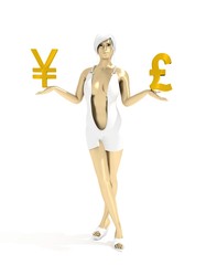 Young lady holding a symbols of currency. Pound and Yen money sign. 3D rendering. Short elegant dress. Metallic material