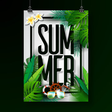 Vector Summer Holiday typographic illustration on white background. Tropical plants, flower, sunglasses and marine elements. Design poster template for banner, flyer, invitation, brochure or greeting