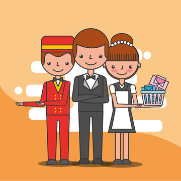 Hotel Staff Employee Maid Bellboy And Manager Service Vector Illustration