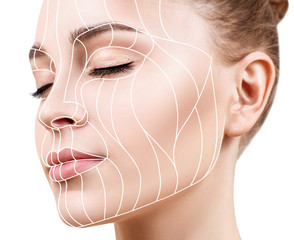 Graphic lines showing facial lifting effect on skin. - obrazy, fototapety, plakaty