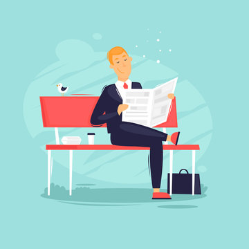 Businessman sitting on a bench in the park, lunch. Flat design vector illustration.