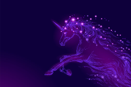 Purple violet glowing horse unicorn riding night sky star. Creative decoration magical backdrop shining cosmos space horn fairy myth moon light fantasy background vector illustration