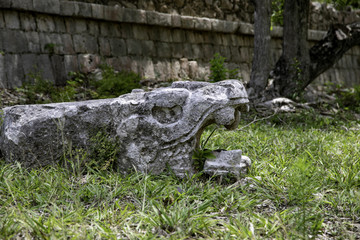 An archaeological monument in the form of a Jaguar guarding the platform of the yaruars and eagles in Chichen Itza