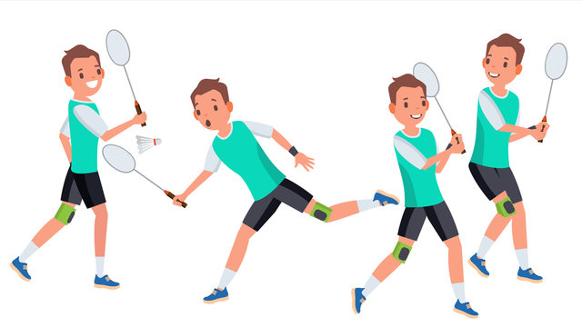 Badminton Male Player Vector. In Action. Racket. Modern Sport, Hobby. Holding Shuttlecock. Cartoon Character Illustration