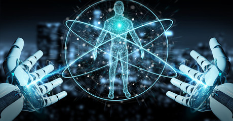 White robot hand scanning human body 3D rendering