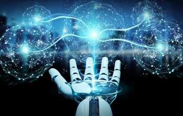 White humanoid hand using digital global network 3D rendering