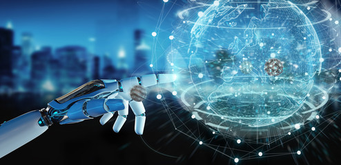 White cyborg hand using planet Earth interface 3D rendering