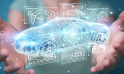 Businesswoman using modern smart car interface 3D rendering