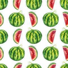 Seamless watercolor watermelons pattern, slices and whole, hand drawn painting illustration isolated on white background, exotic berry, tropical fruit texture for design wallpaper, textile, cosmetic