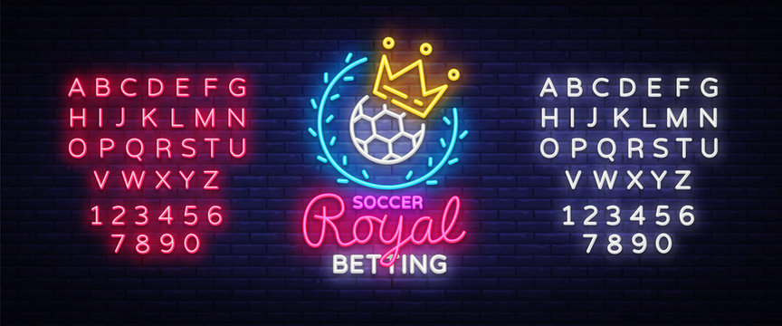 Betting Soccer neon sign. Football betting logo in neon style, Royal concept, light banner, bright night betting sports advertisement, design element gambling, casino. Vector. Editing text neon sign