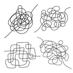 Set of hand drawn tangle scrawl sketch. Black line abstract scribble shape. Vector tangled chaotic doodle circle and square  scribble drawing. Thread clew knot isolated on white background.