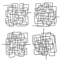 set of black line abstract scribble shape. Hand drawn tangle scrawl sketch. Vector tangled chaotic doodle circle and square  scribble drawing. Thread clew knot isolated on white background.